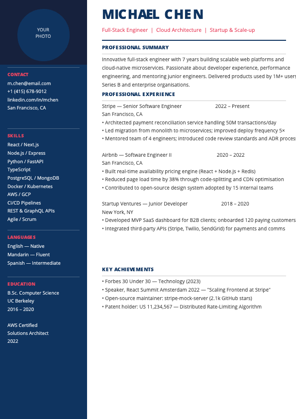 Two-column modern resume template preview