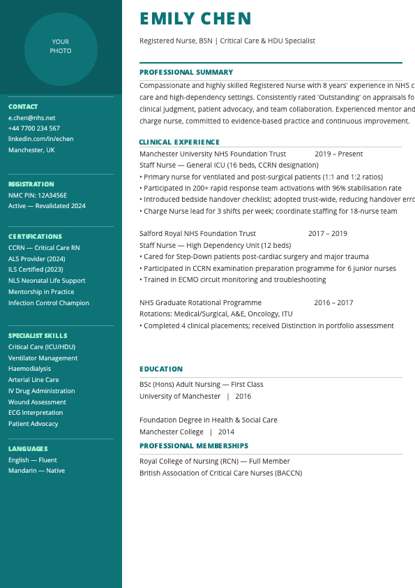 Nursing and healthcare CV template with clinical experience section